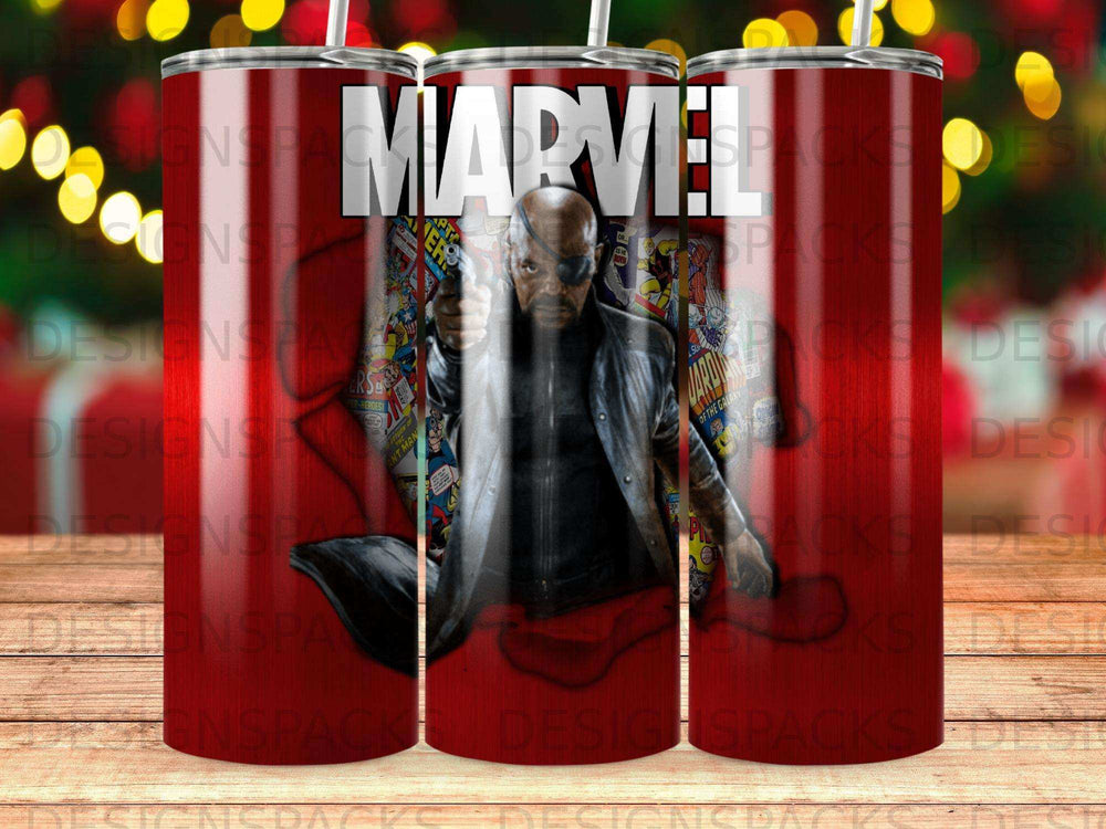 Nick Fury from Marvel comics on a red tumbler with comic book panels.