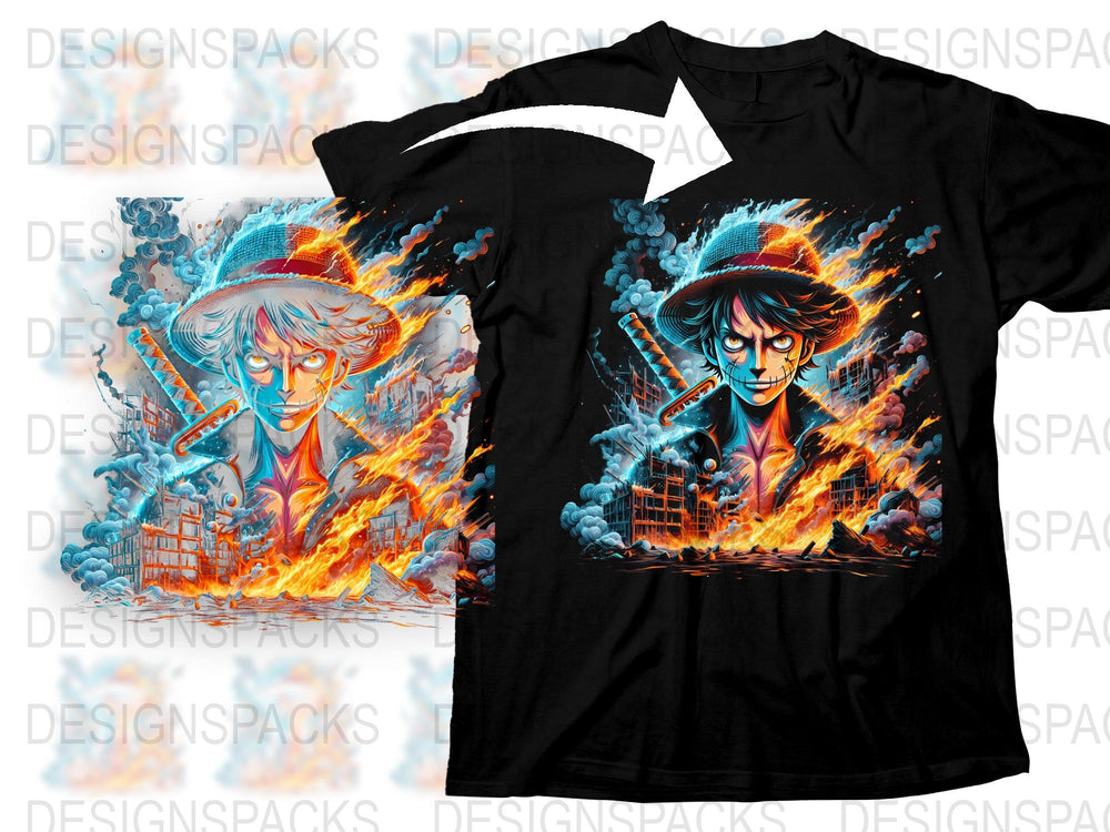 Anime Inspired Fire Warrior Graphic T-Shirt, Stylish Blue and Orange Print, Cool Urban Streetwear Tee