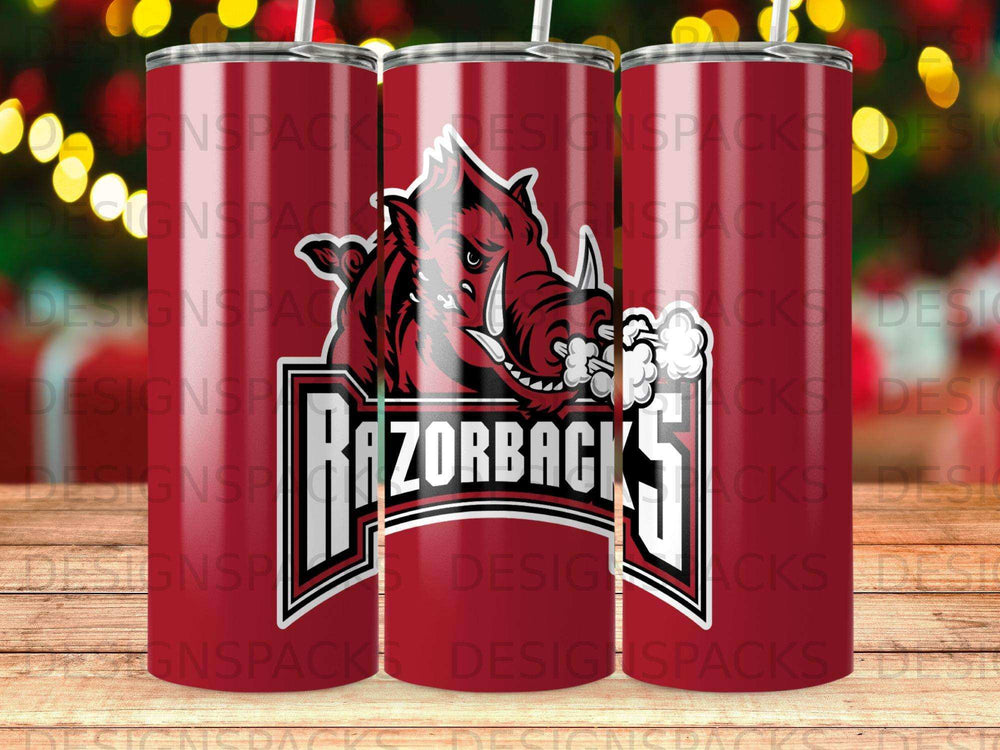 Razorbacks logo on a red tumbler with steam rising.