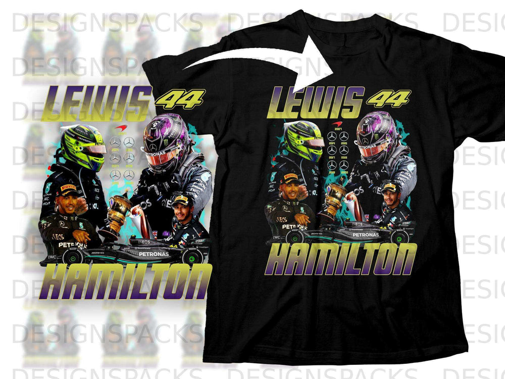 Lewis Hamilton #44 and Mercedes-AMG Petronas Formula One Team graphic t-shirt.