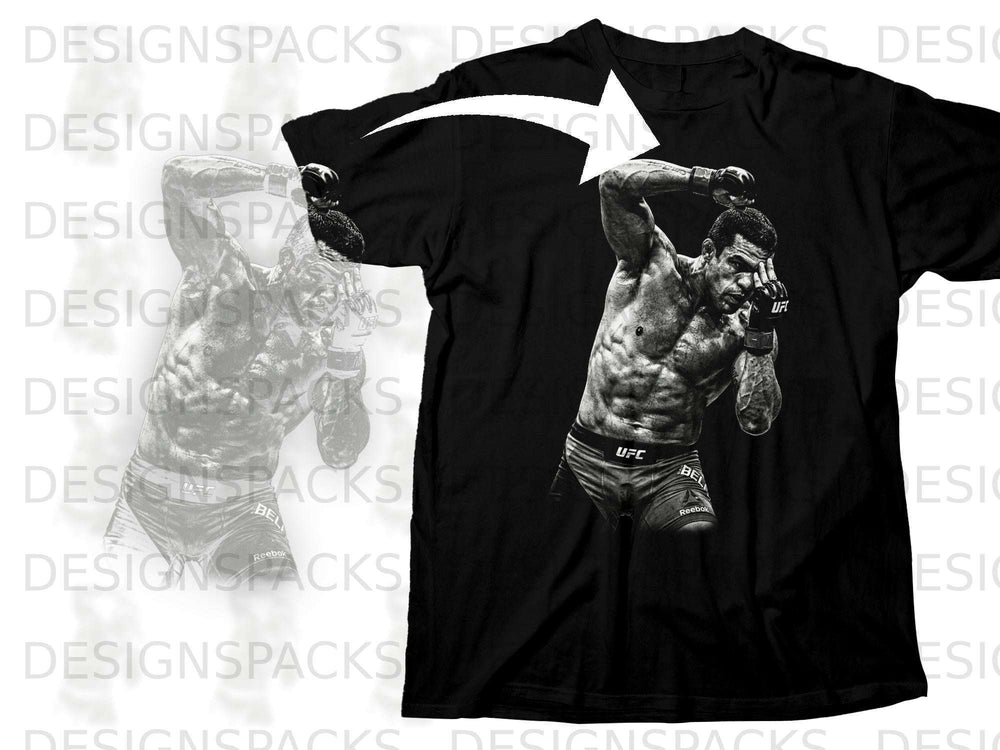 Black t-shirt with black and white graphic of UFC fighter in fighting stance.