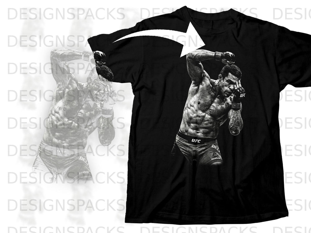 Black t-shirt with black and white graphic of UFC fighter in fighting stance.