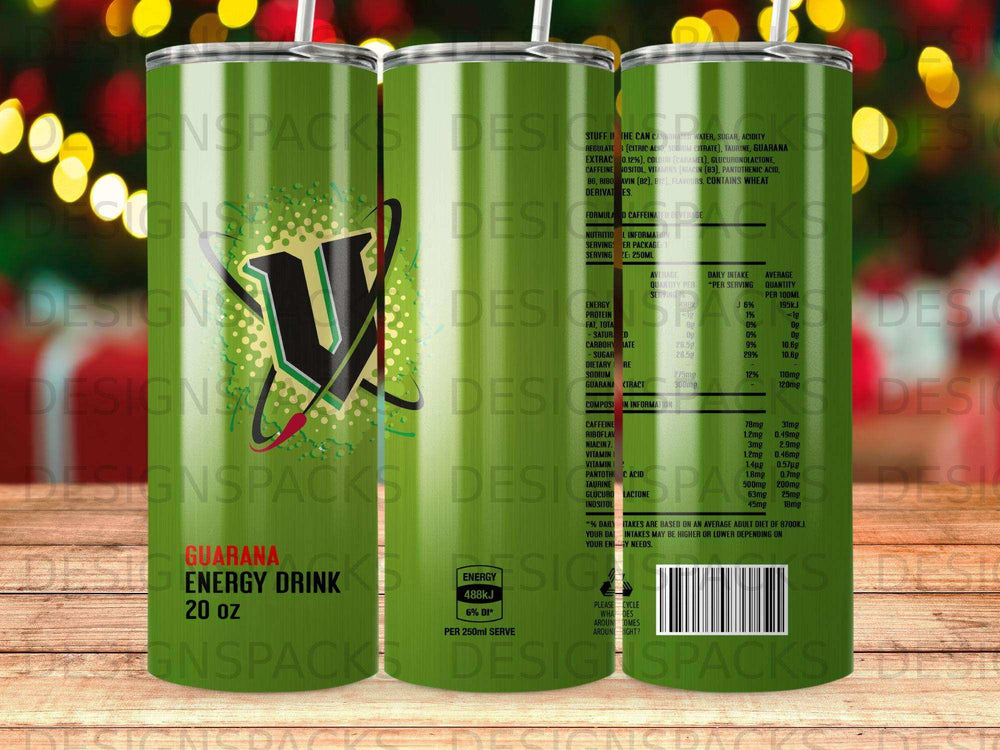 Red can of Guarana Energy Drink, 20 oz, with nutritional information.