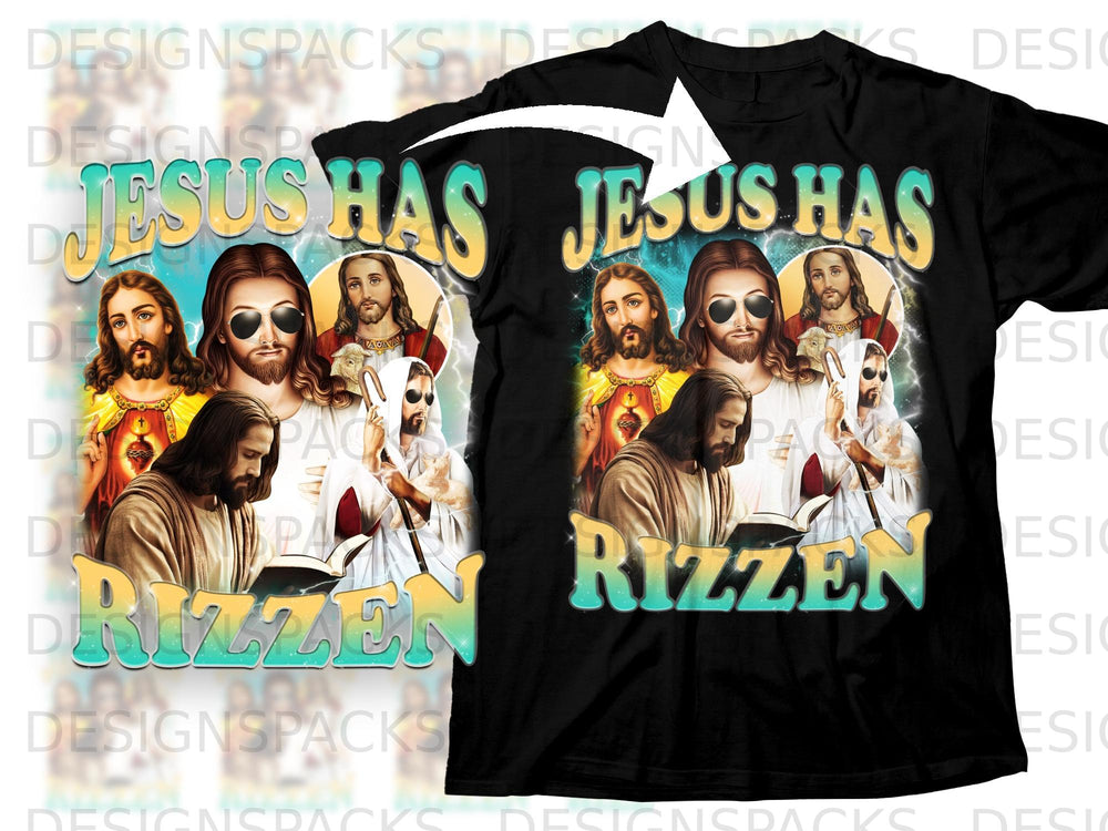 Black t-shirt featuring Jesus imagery and the text "Jesus Has RIZZEN".