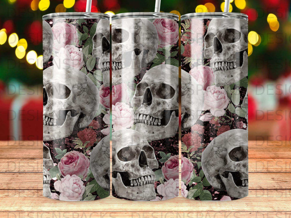 Skulls and pink roses pattern on a tumbler.