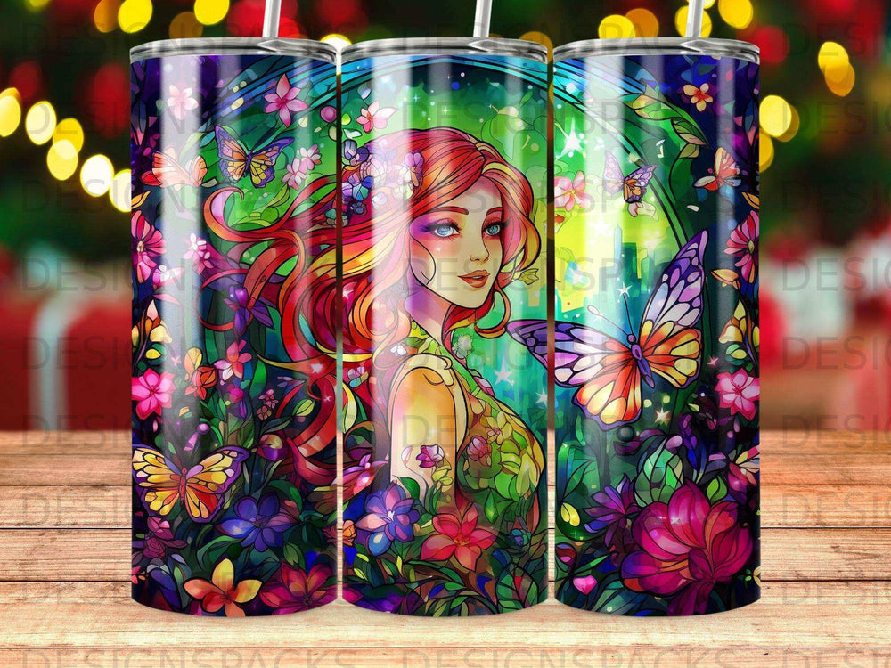 Woman with flowing red hair surrounded by colorful flowers and butterflies.