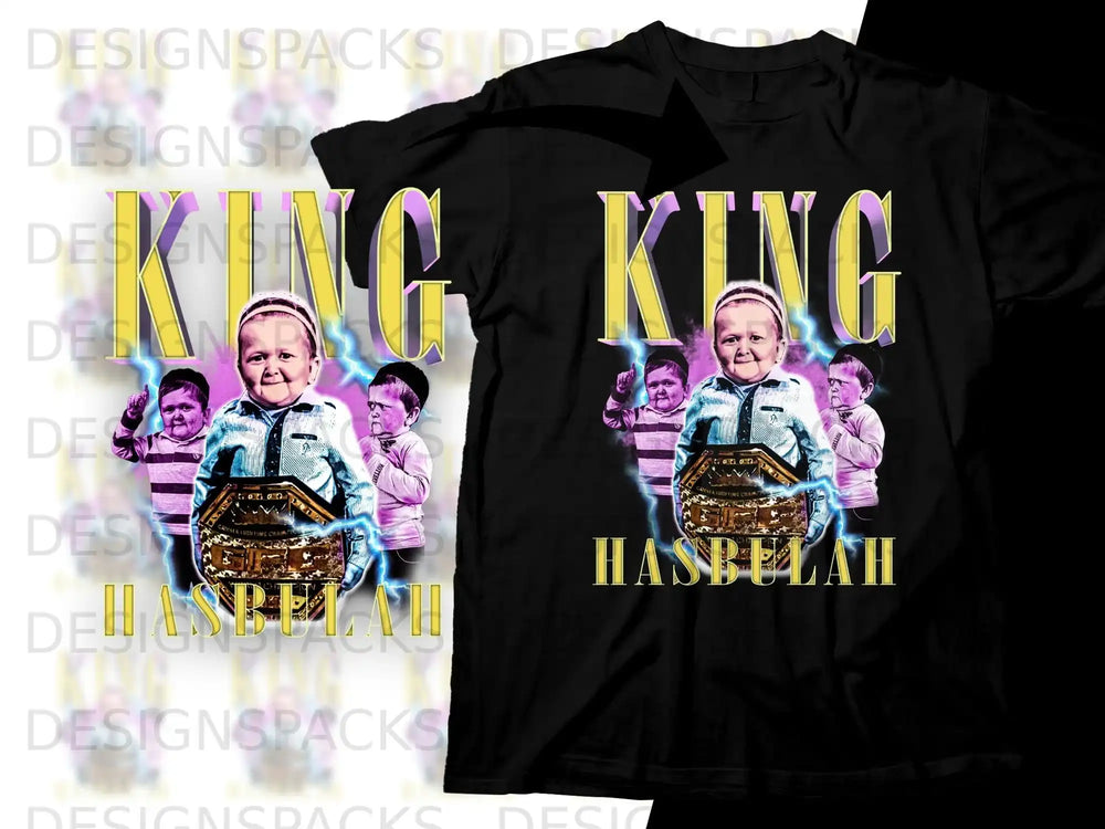T-shirt with "King Hasbullah" text and Hasbulla wearing a championship belt.
