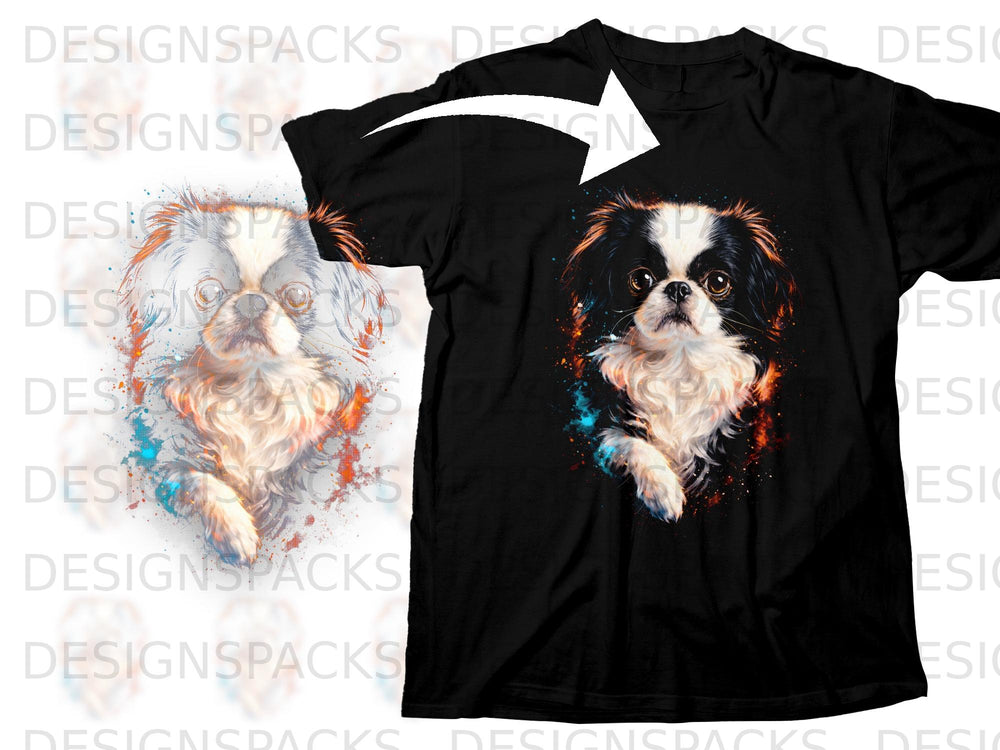Black t-shirt featuring a colorful watercolor painting of a Japanese Chin dog.