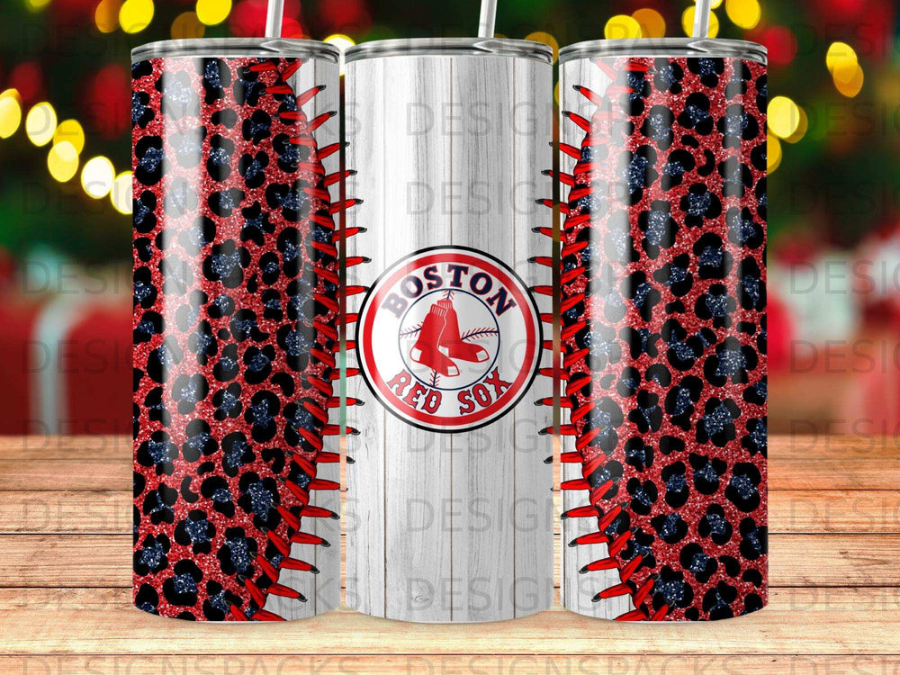 Boston Red Sox tumbler with leopard print and baseball stitching design.