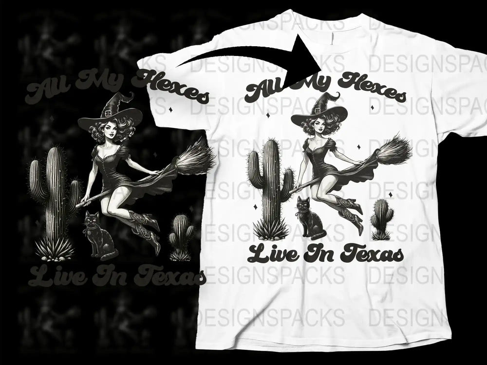 Texas Witch Graphic T-Shirt, Vintage Cowboy Hat and Cactus Design, Unique Witchy Western Style Tee