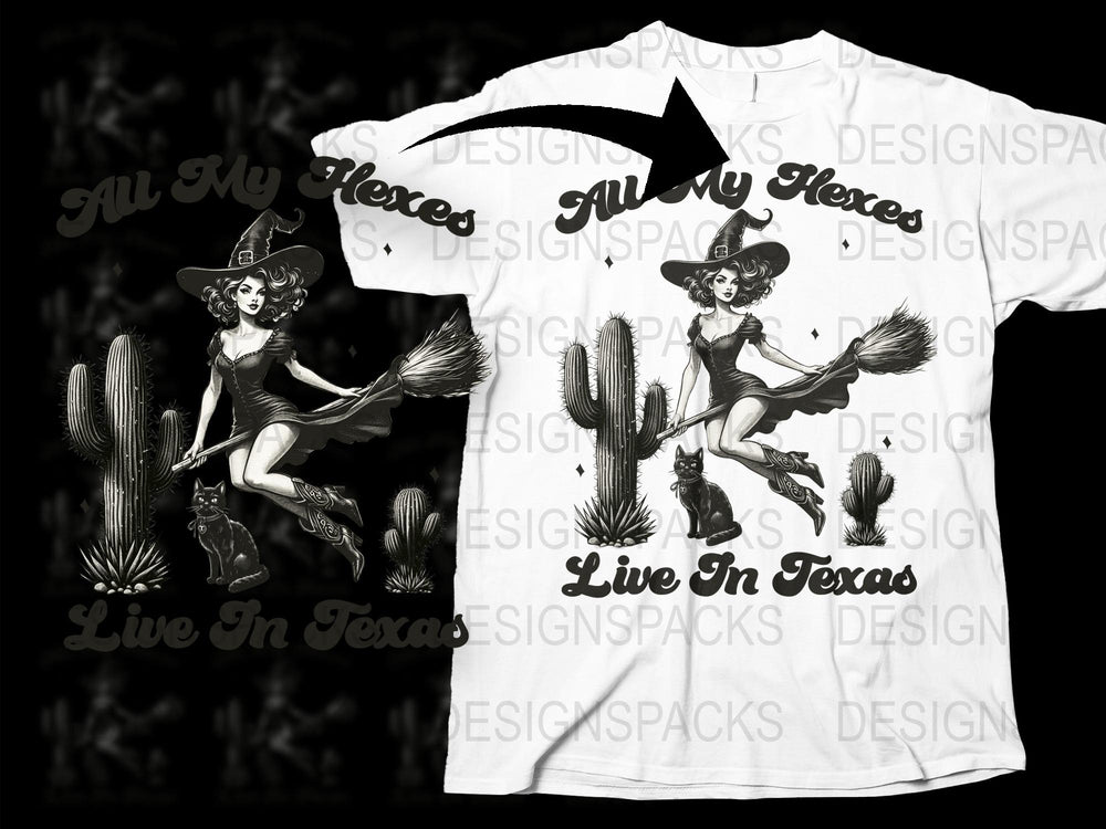 Texas Witch Graphic T-Shirt, Vintage Cowboy Hat and Cactus Design, Unique Witchy Western Style Tee