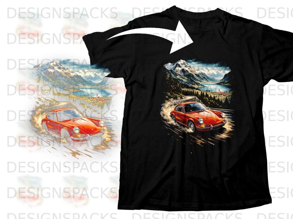Black t-shirt with graphic of red sports car driving through a mountain landscape.