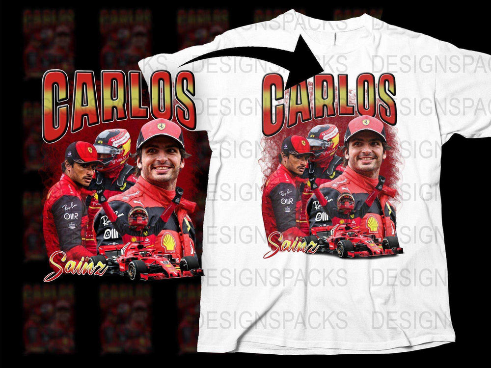 Carlos Sainz F1 Racing Driver Graphic T-Shirt, Formula One Sports Fan Apparel, White Unisex Tee with Multiple Images, Gift for Motorsport