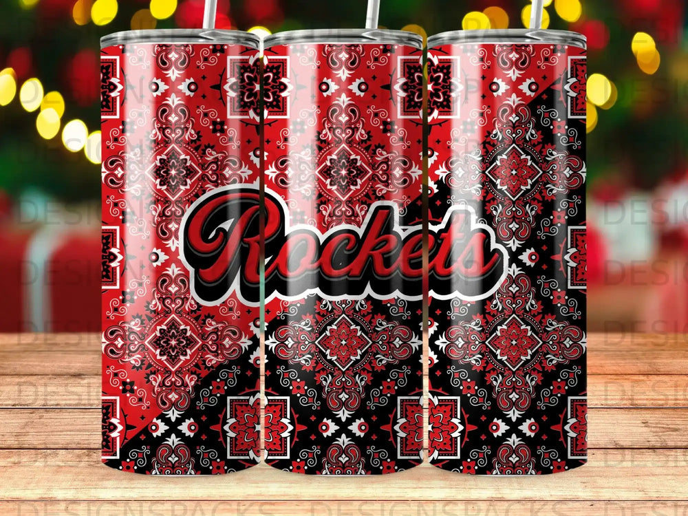Red and black bandana pattern tumbler with "Rockets" text.