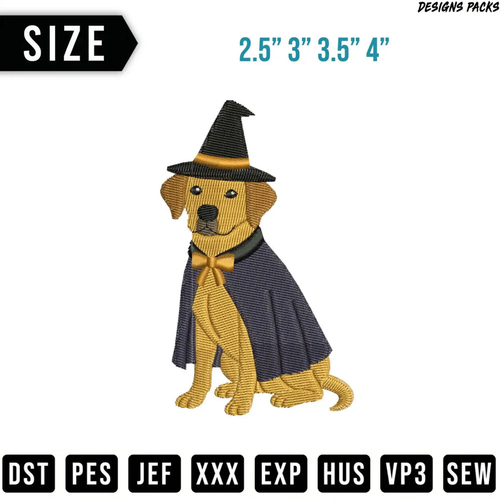 Golden retriever wearing a witch hat and cape, with size options and embroidery file types.