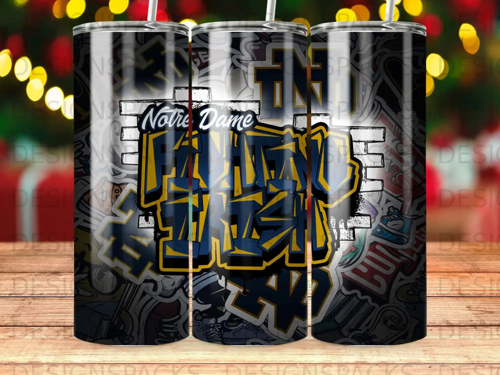 Notre Dame Fighting Irish graffiti art on a tumbler.
