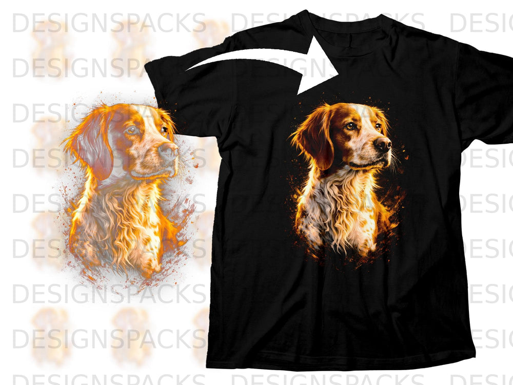 Black t-shirt with a painted Brittany Spaniel dog graphic.