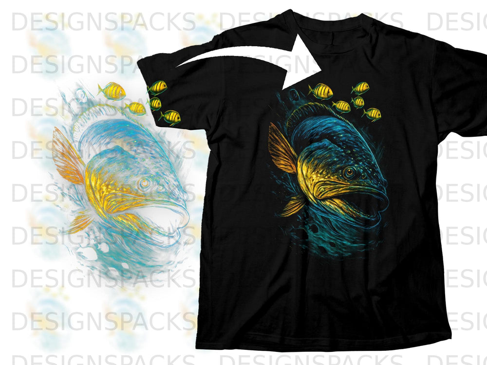 Black t-shirt with a graphic of a large fish and smaller fish.