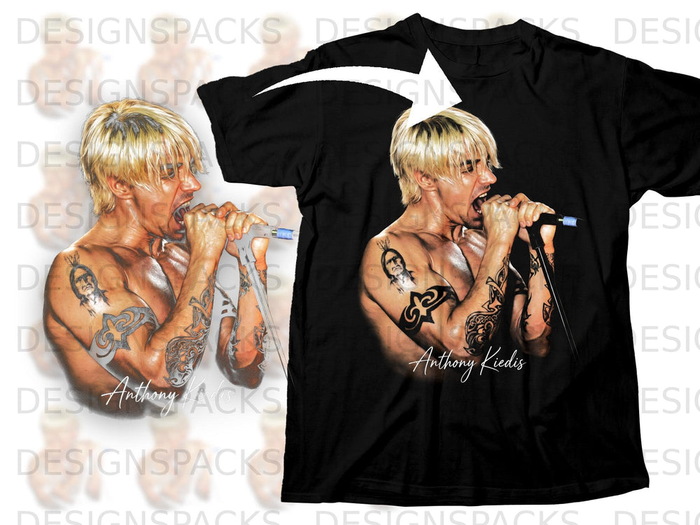 Black t-shirt with artwork of Anthony Kiedis singing into a microphone.
