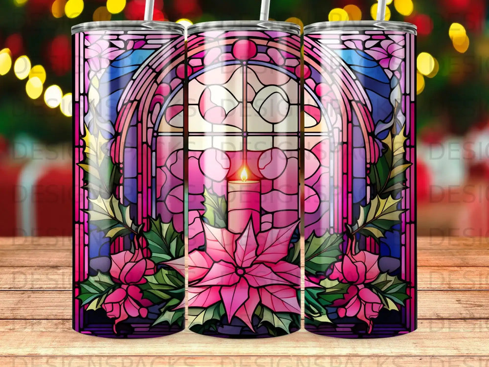 Stained glass window with pink poinsettias and a lit candle.