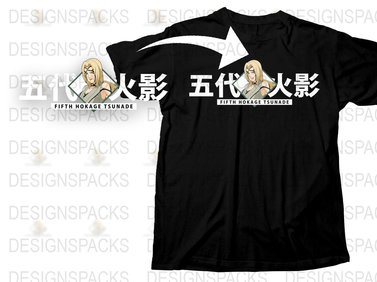 Anime Tsunade T-Shirt, Fifth Hokage Graphic Tee, Japanese Text, Unisex Black Shirt