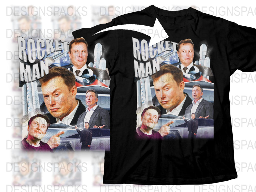 Elon Musk Rocket Man T-Shirt, SpaceX Tesla CEO Themed Graphic Tee, Multi-Image Black Shirt