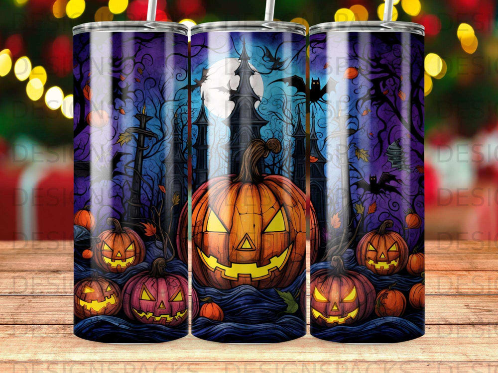 Halloween tumbler with spooky jack-o'-lanterns, bats, and a haunted castle under a full moon.