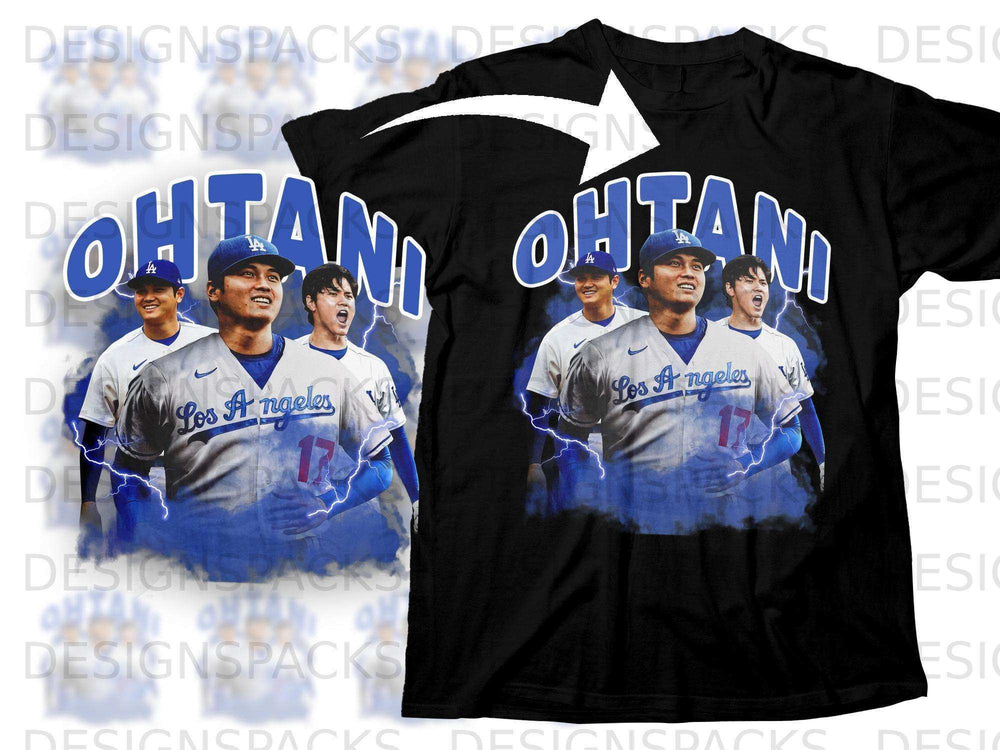 Black t-shirt featuring Shohei Ohtani with "Los Angeles Angels 17" text.