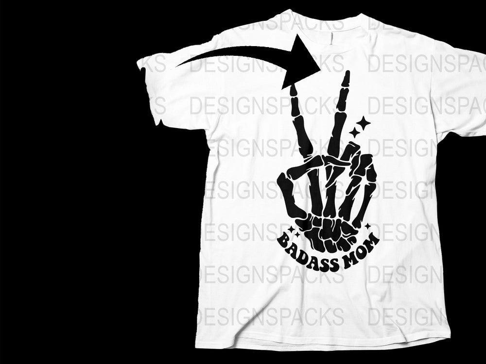 Badass Mom Skeleton Hand Peace Sign Graphic T-Shirt, Cool Mom White Tee, Funny Mother's Day Gift Idea, Casual Women's Fashion Shirt