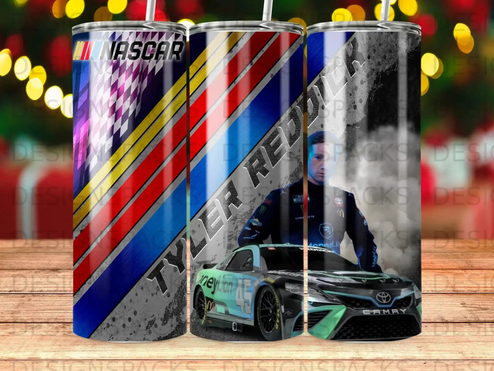 NASCAR Tyler Reddick Camry car and driver graphic on a tumbler.