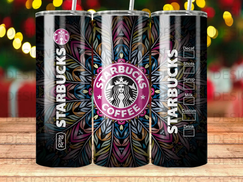 Starbucks coffee tumbler with mandala design and drink options.