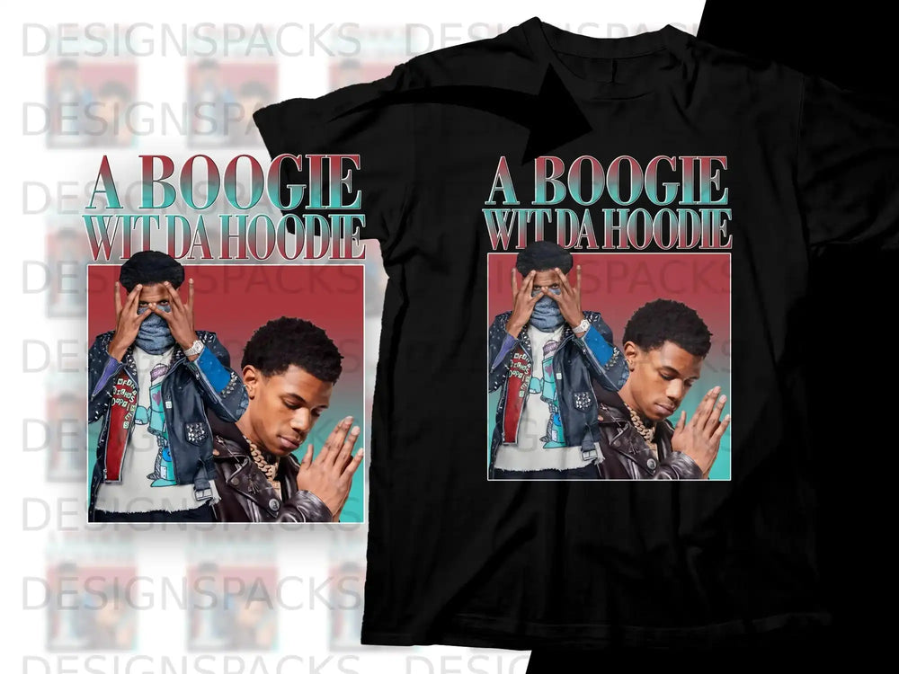 T-shirt graphic featuring A Boogie Wit Da Hoodie with prayer hands.