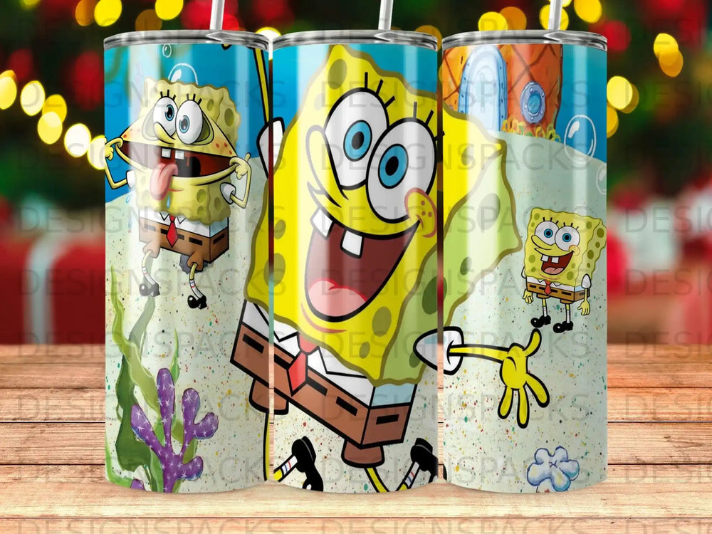SpongeBob SquarePants with coral and bubbles on a blue tumbler.