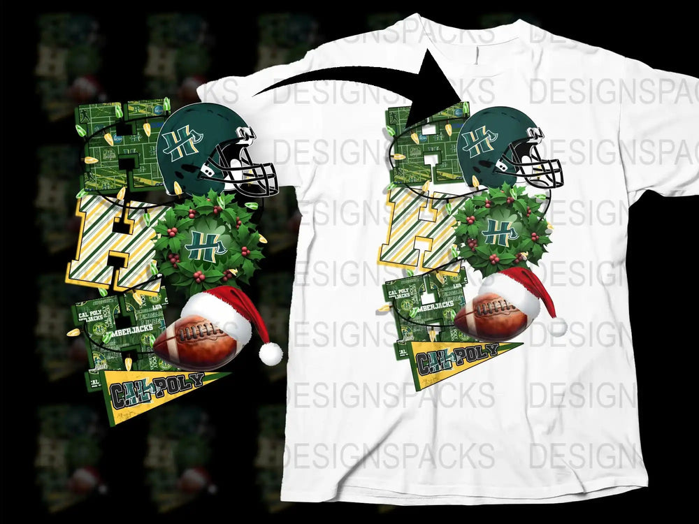 Festive University Football Helmet Graphic T-Shirt, Holiday Sports Fan Apparel, College Team Spirit Christmas Tee