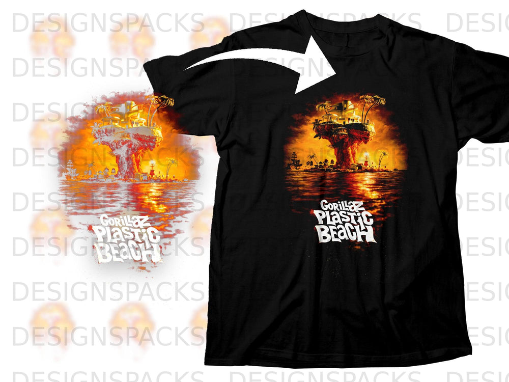 Black t-shirt with Gorillaz Plastic Beach album cover art.