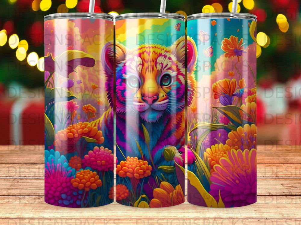 Colorful tiger cub amidst vibrant flowers and foliage.