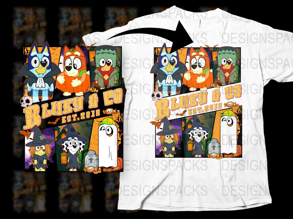 Bluey and Co Cartoon Character T-Shirt, Kids Television Show Apparel, Colorful Graphic Tee, Fest 2018 Design