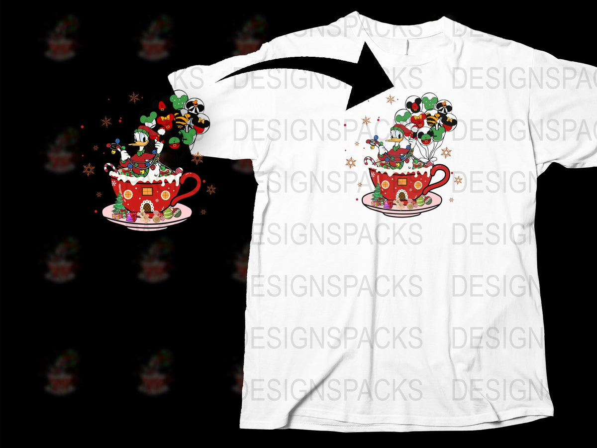 Whimsical Christmas Tea Cup T-Shirt, Festive Holiday Graphic Tee, Colorful Balloon Design, Unique Party Wear