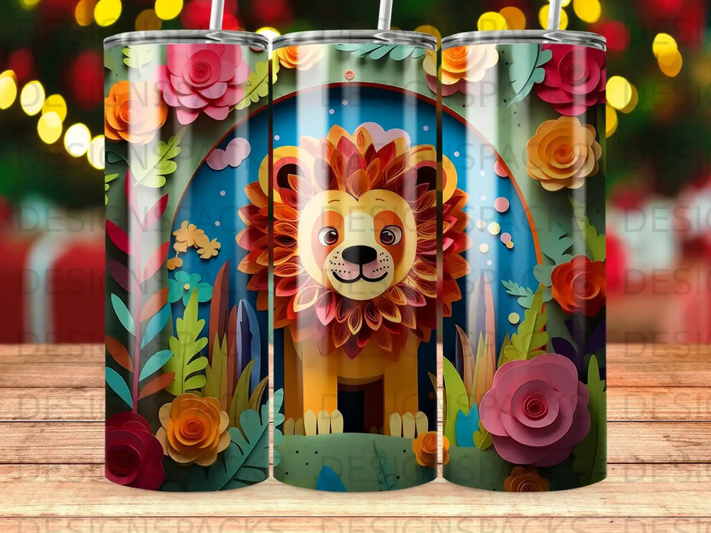 Lion character with flowers and foliage in a colorful, stylized scene.