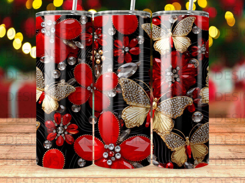 Three tumblers with red floral and gold butterfly designs on a black background.