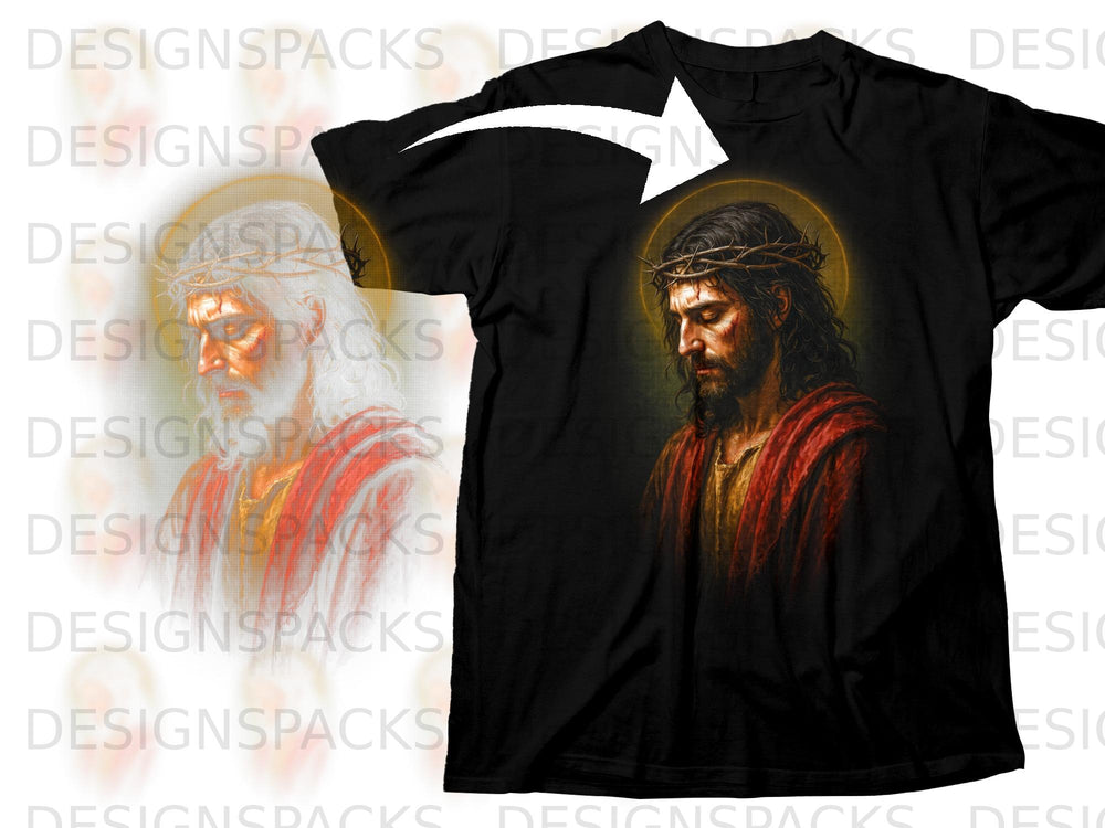 Black t-shirt with a graphic of Jesus wearing a crown of thorns and a red robe.