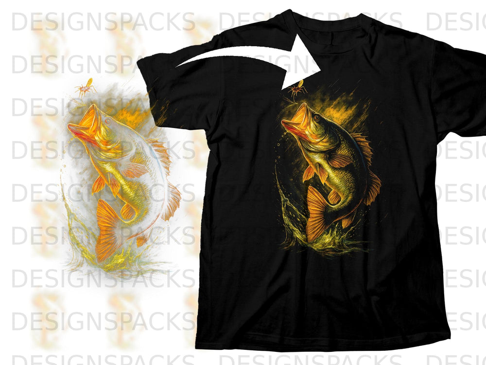 Black t-shirt featuring a leaping bass fish with an insect overhead.