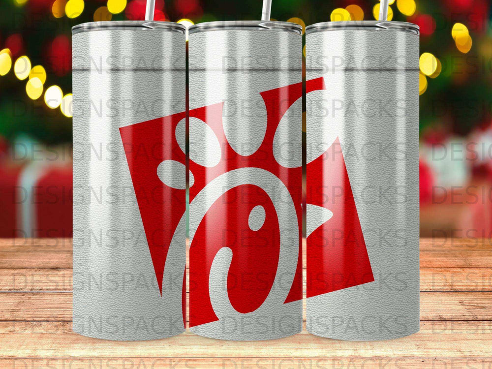 Three white tumblers with a red Chick-fil-A logo pattern.