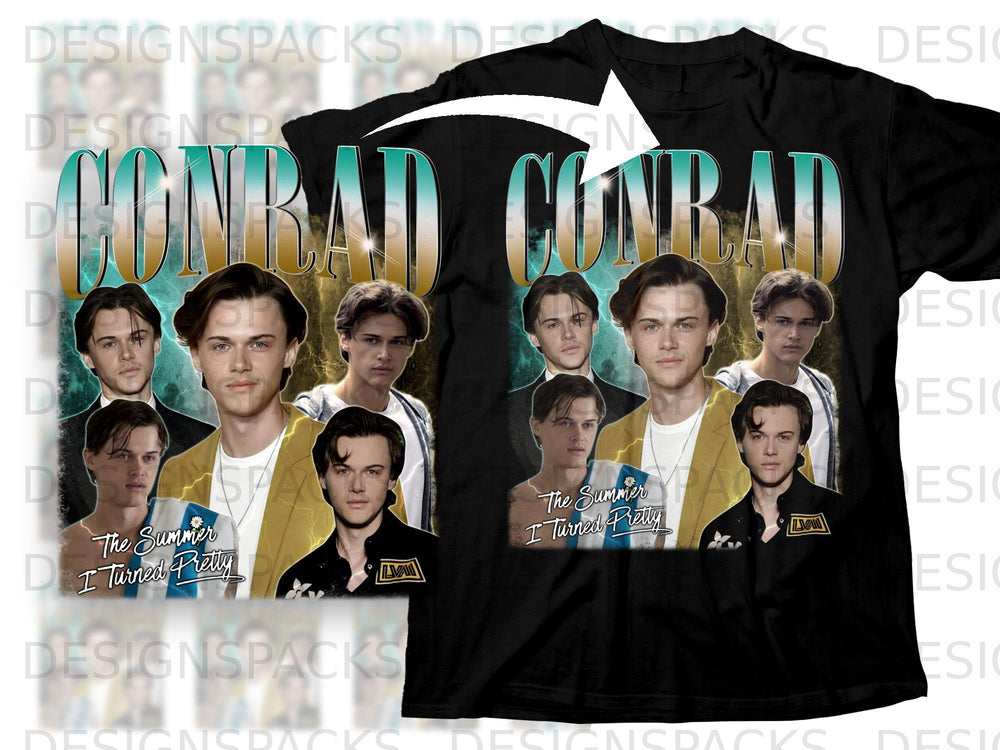 T-shirt with multiple portraits of young men and text "CONRAD" and "The Summer I Turned Pretty".