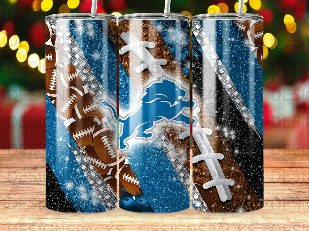 Detroit Lions logo on a tumbler with football and glitter pattern.