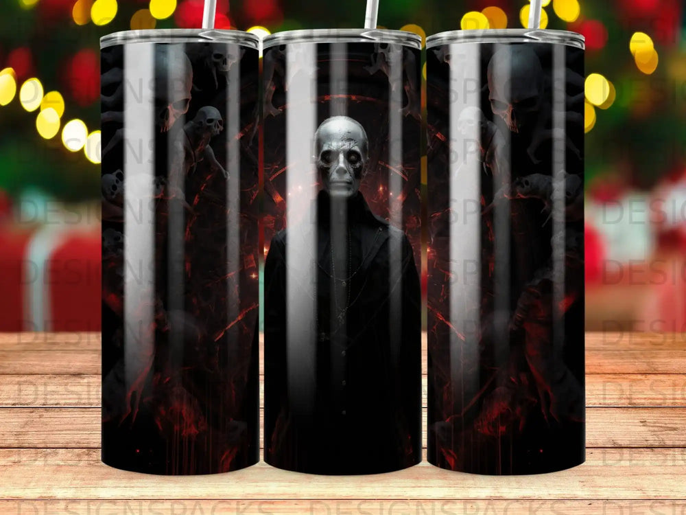 Grim reaper in black coat against fiery, skull-filled background.