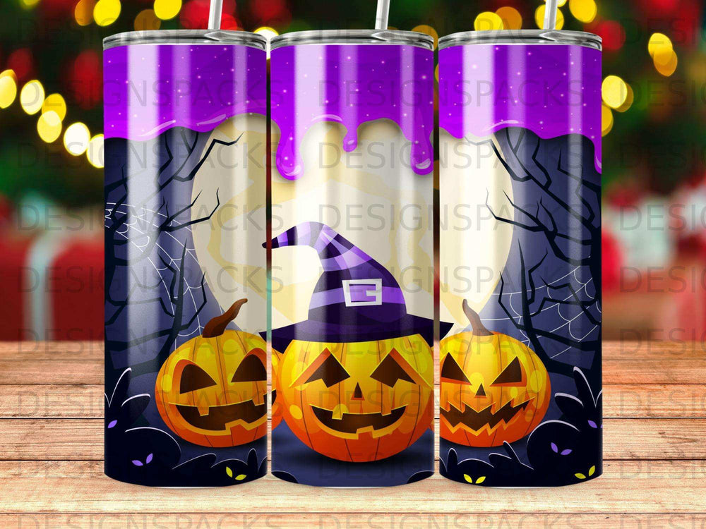 Three jack-o'-lanterns in witch hats against a spooky Halloween background.