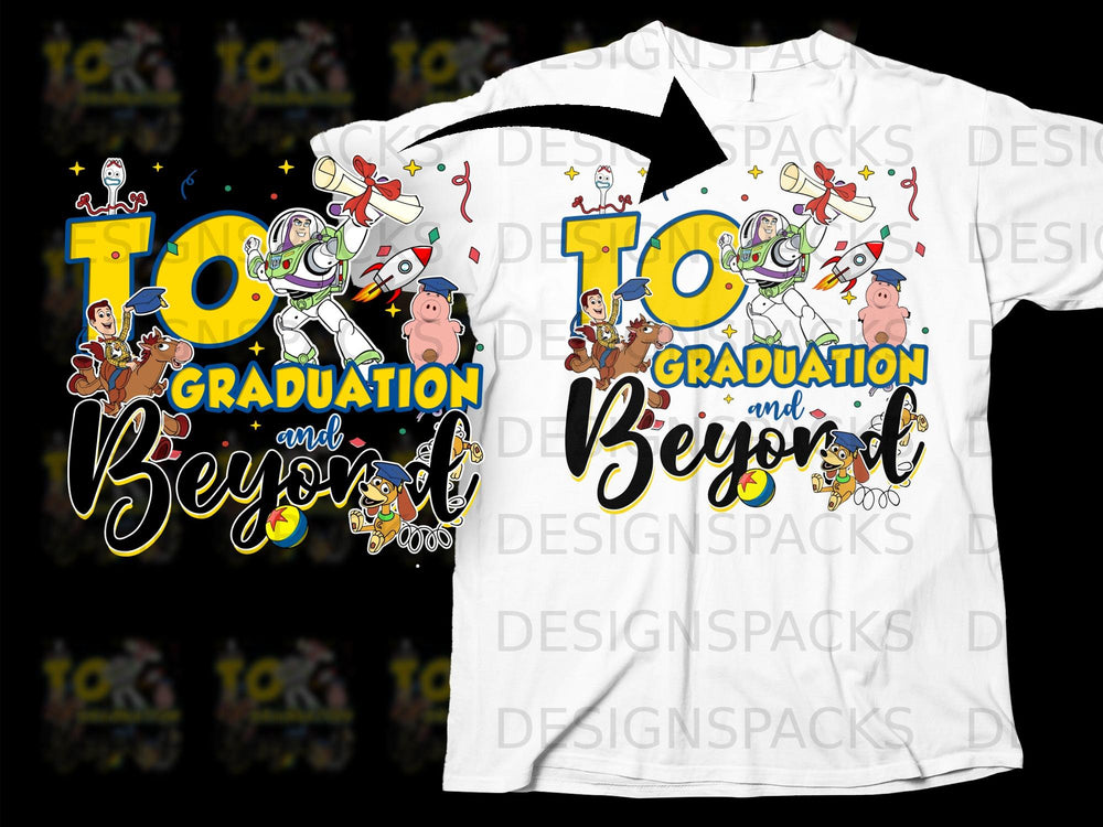Toy Story characters celebrating "Graduation and Beyond" with diploma, rocket, and graduation cap.