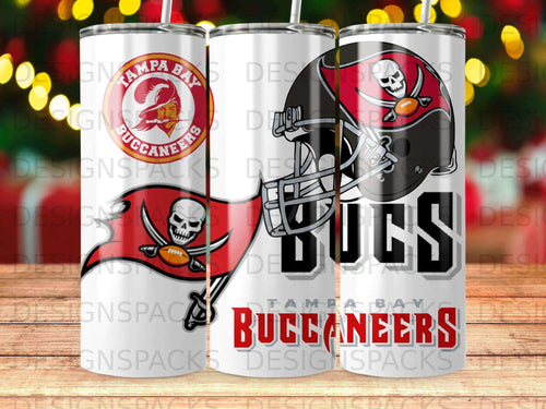 Tampa Bay Buccaneers logo and helmet on two white tumblers.