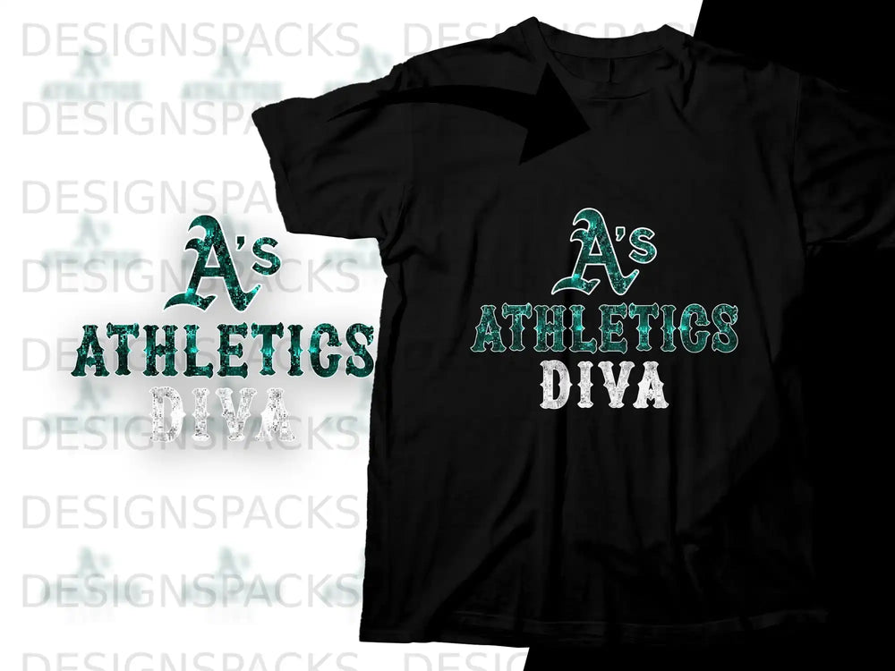 Black t-shirt with "A's Athletics Diva" graphic in distressed teal glitter.